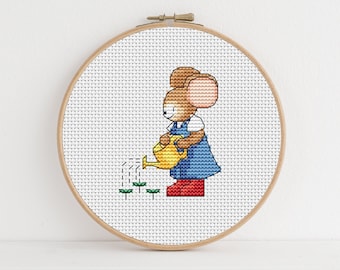 Furry Tales Gardening Monty / FT014 / PDF Cross Stitch Pattern / Lucie Heaton