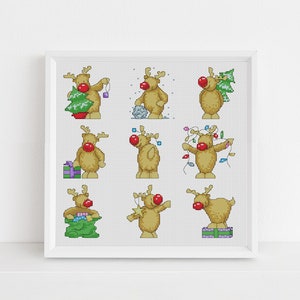 Cartões de Natal Rudolph / Padrão de ponto cruz de Natal em PDF / Gráfico de ponto cruz contado / Lucie Heaton