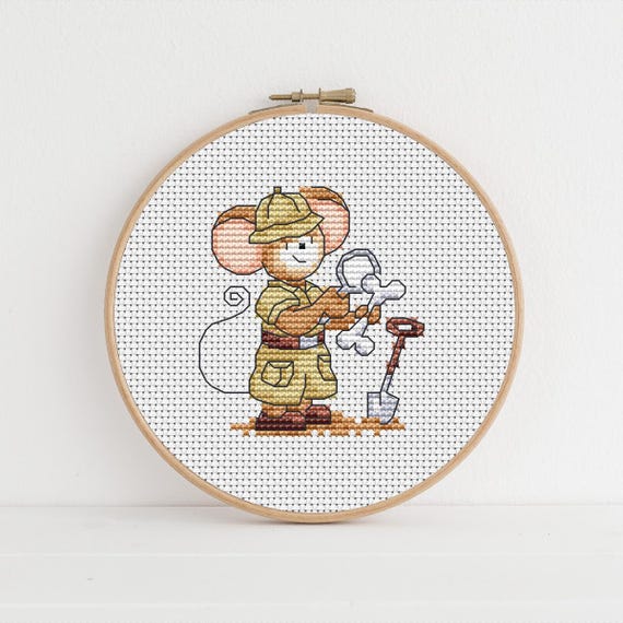 Furry Tales Paleontologist Mouse, Cross Stitch Pattern by Lucie Heaton, PDF Counted Cross Stitch Chart Download FT181