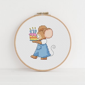 Gâteau d'anniversaire Furry Tales, souris, motif point de croix par Lucie Heaton, grille PDF au point de croix à télécharger