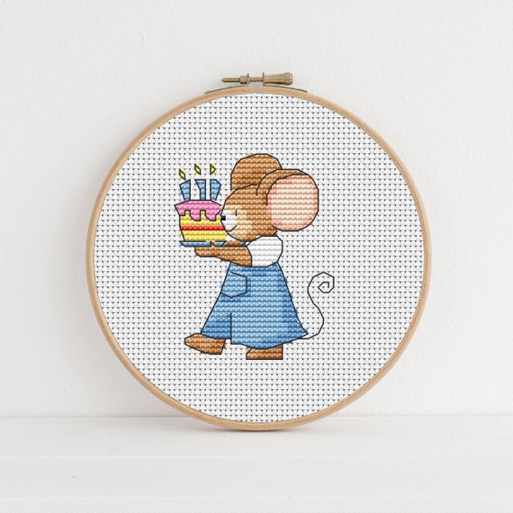 Furry Tales Birthday Cake Mouse Cross Stitch Pattern by Lucie Heaton,  PDF Counted Cross Stitch Chart Download