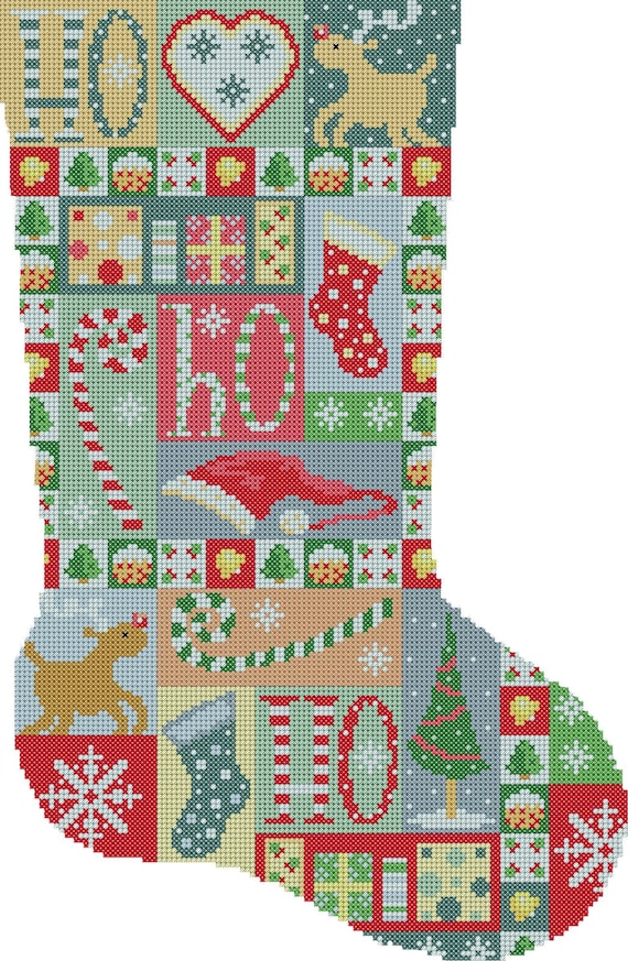 Vintage Patchwork Christmas Stocking Cross Stitch Pattern - Lucie Heaton - Digital PDF Counted Cross Stitch Chart Download