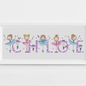 May include: Cross-stitch embroidery of the name "CHLOE" spelled out with ballerina figures in pink, blue, and yellow. Each letter is decorated with purple and white polka dots.