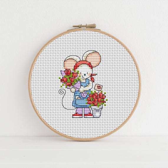 Furry Tales Florist Mouse, Cross Stitch Pattern by Lucie Heaton, PDF Counted Cross Stitch Chart Download FT183