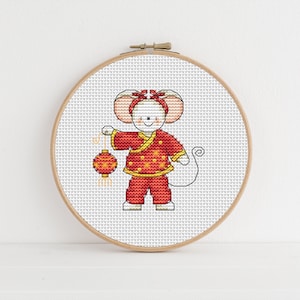 Furry Tales Nouvel an chinois, souris, modèle de point de croix par Lucie Heaton, grille PDF au point de croix à télécharger