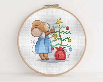 Furry Tales Trim the Tree Mouse, Christmas Cross Stitch Pattern by Lucie Heaton, PDF Counted Cross Stitch Chart Download