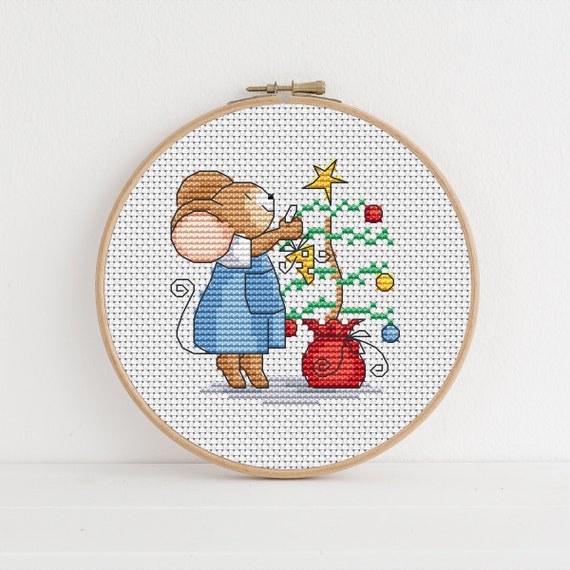 Furry Tales Trim the Tree Mouse, Christmas Cross Stitch Pattern by Lucie Heaton, PDF Counted Cross Stitch Chart Download