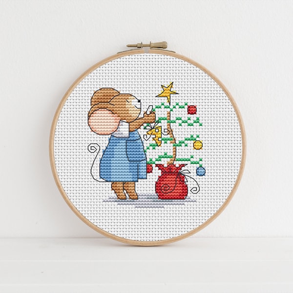 Furry Tales Trim the Tree Mouse, Christmas Cross Stitch Pattern by Lucie Heaton, PDF Counted Cross Stitch Chart Download