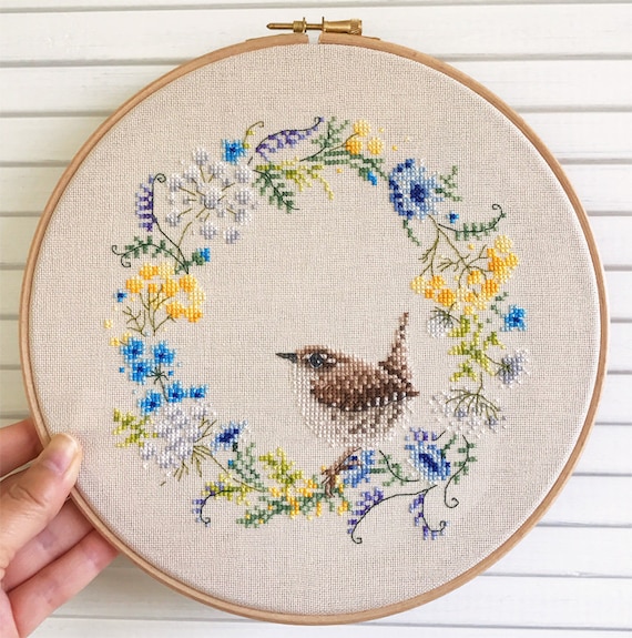 Spring Wren Wreath Cross Stitch Pattern by Lucie Heaton, PDF Counted Cross Stitch Chart Download