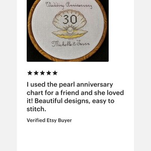 May include: A cross-stitched embroidery hoop featuring a pearl wedding anniversary design. The design includes a seashell with the number 30, the names "Michelle & Jason," and the words "Pearl Wedding Anniversary."