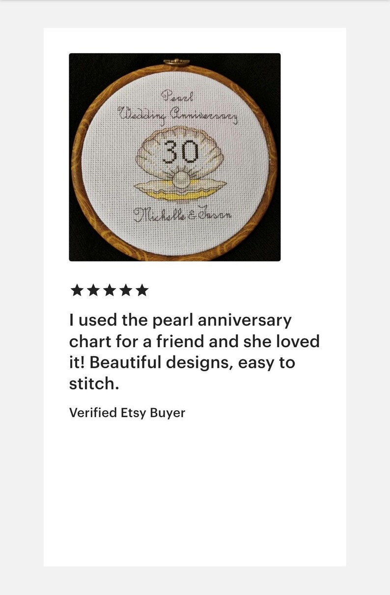 May include: A cross-stitched embroidery hoop featuring a pearl wedding anniversary design. The design includes a seashell with the number 30, the names "Michelle & Jason," and the words "Pearl Wedding Anniversary."