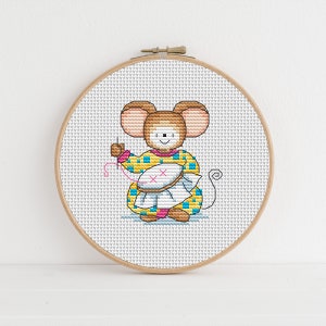 Furry Tales Cross Stitching Mouse, Cross Stitch Pattern by Lucie Heaton,  PDF Counted Cross Stitch Chart Download