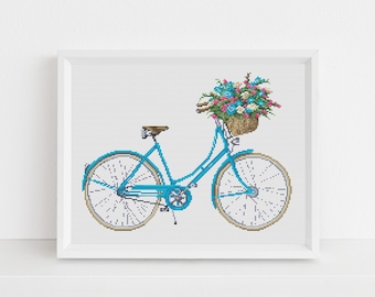 Vintage Bicycle Cross Stitch Pattern - Ladies Flower Basket Bike - Lucie Heaton - Digital PDF Counted Cross Stitch Chart Download