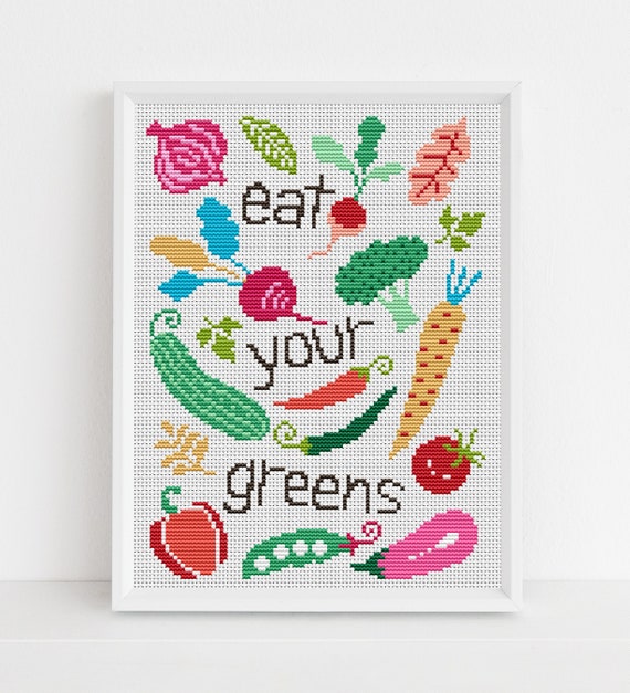Kitchen Sampler, Eat Your Greens Cross Stitch Pattern by Lucie Heaton, PDF Chart Download