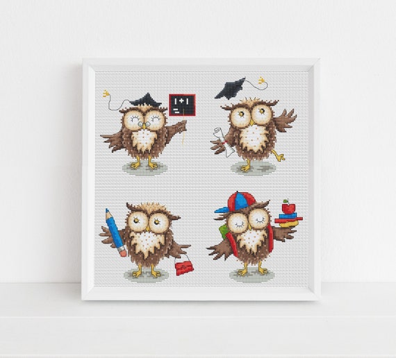 School Owls Card Cross Stitch Designs - PDF Cross Stitch Pattern -  Lucie Heaton