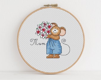 Furry Tales - Mum Bouquet Mouse / PDF Cross Stitch Pattern / Lucie Heaton