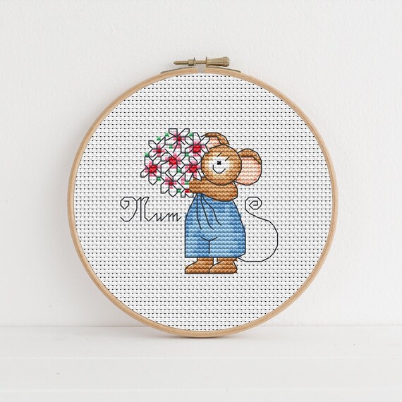 Furry Tales - Mum Bouquet Mouse / PDF Cross Stitch Pattern / Lucie Heaton