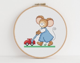 Furry Tales Lawnmower Mouse Cross Stitch Pattern / PDF Cross Stitch Pattern / Lucie Heaton