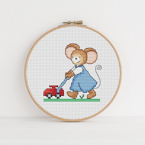 Furry Tales Lawnmower Mouse Cross Stitch Pattern / PDF Cross Stitch Pattern / Lucie Heaton