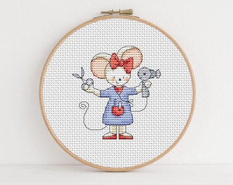 Furry Tales Hairdresser Mouse - Cross Stitch Pattern - Lucie Heaton - Digital PDF Counted Cross Stitch Chart Download