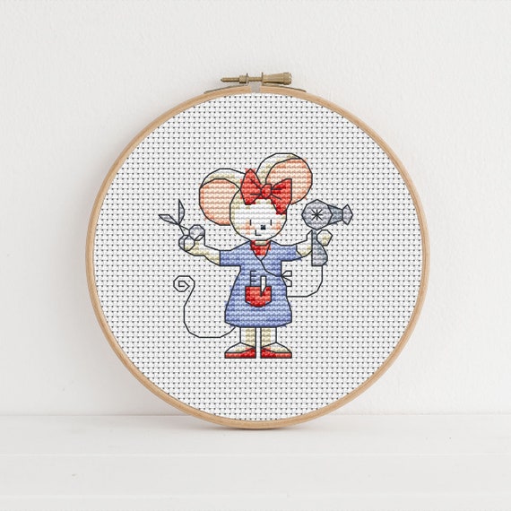 Furry Tales Hairdresser Mouse - Cross Stitch Pattern - Lucie Heaton - Digital PDF Counted Cross Stitch Chart Download