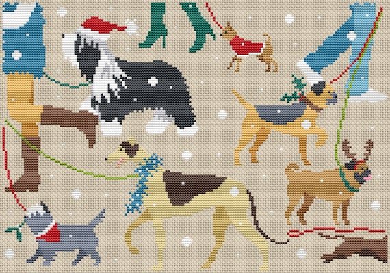 Merry Christmas Dogs /  Christmas Cross Stitch PDF Pattern / Counted Cross Stitch Chart / Lucie Heaton