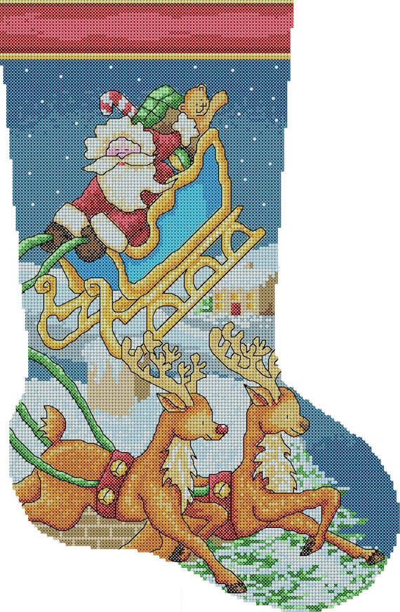 Santa's Sleigh Christmas Stocking Cross Stitch Pattern - Lucie Heaton - Digital PDF Counted Cross Stitch Chart Download
