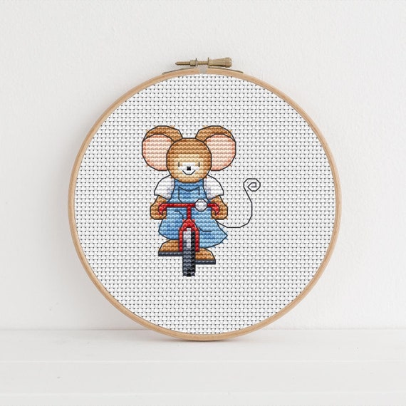 Furry Tales Bicycle Mouse, Cross Stitch Pattern by Lucie Heaton,  PDF Counted Cross Stitch Chart Download