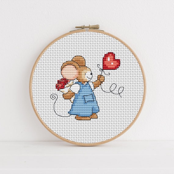 Furry Tales Heart Balloon Mouse - Cross Stitch Pattern - Lucie Heaton - Digital PDF Counted Cross Stitch Chart Download