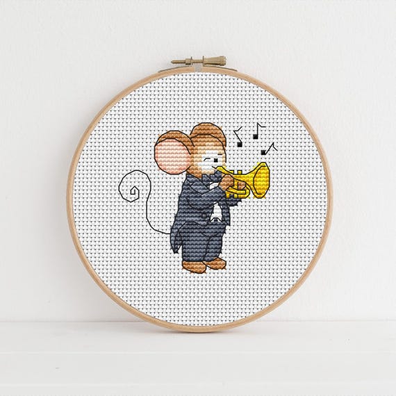 Trumpet Mouse Cross Stitch Pattern, Furry Tales by Lucie Heaton (PDF Download)
