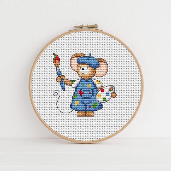 Artist Mouse Cross Stitch Pattern, Furry Tales by Lucie Heaton (PDF Download)