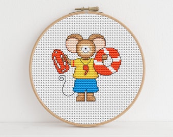 Furry Tales Lifeguard Mouse, Cross Stitch Pattern by Lucie Heaton,  PDF Counted Cross Stitch Chart Download