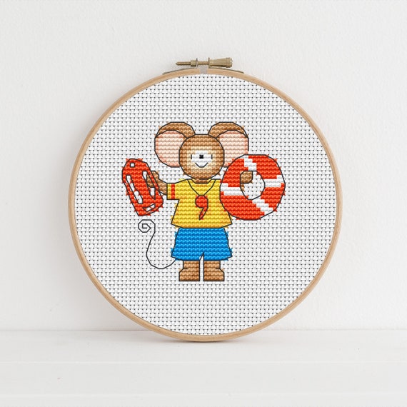 Furry Tales Lifeguard Mouse, Cross Stitch Pattern by Lucie Heaton,  PDF Counted Cross Stitch Chart Download