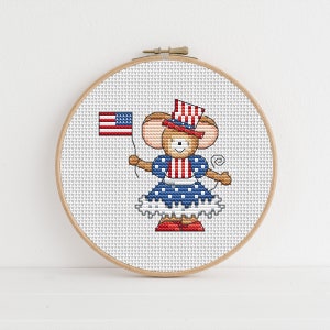 Furry Tales Fourth of July, motif souris au point de croix par Lucie Heaton, tableau PDF au point de croix à télécharger