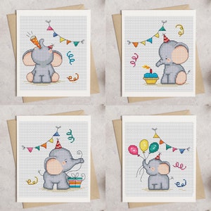 Cartes d'anniversaire éléphant, point de croix - Lucie Heaton - Grille numérique PDF au point de croix à télécharger