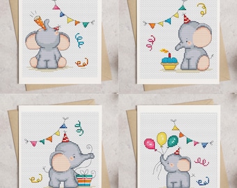 Elephant Birthday Cards Cross Stitch Pattern - Lucie Heaton - Digital PDF Counted Cross Stitch Chart Download