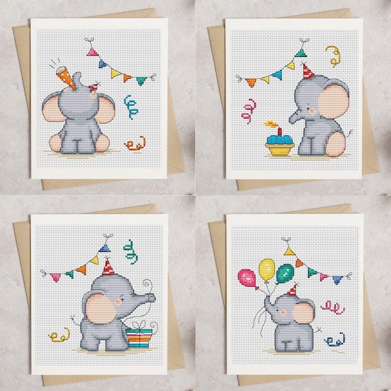 Elephant Birthday Cards Cross Stitch Pattern - Lucie Heaton - Digital PDF Counted Cross Stitch Chart Download