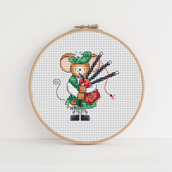 Furry Tales Bagpipes Mouse, Cross Stitch Pattern by Lucie Heaton,  PDF Counted Cross Stitch Chart Download