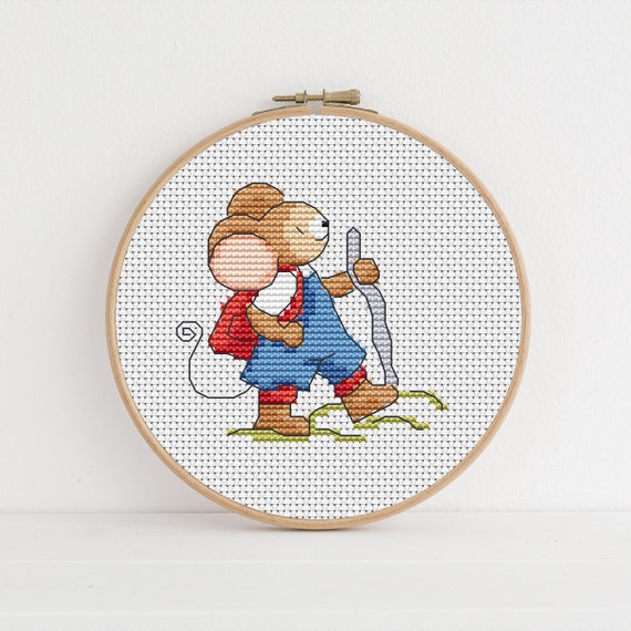 Furry Tales Hiking Mouse Cross Stitch Pattern / Walking Cross Stitch/ Mouse Cross Stitch Pattern PDF Download / Lucie Heaton