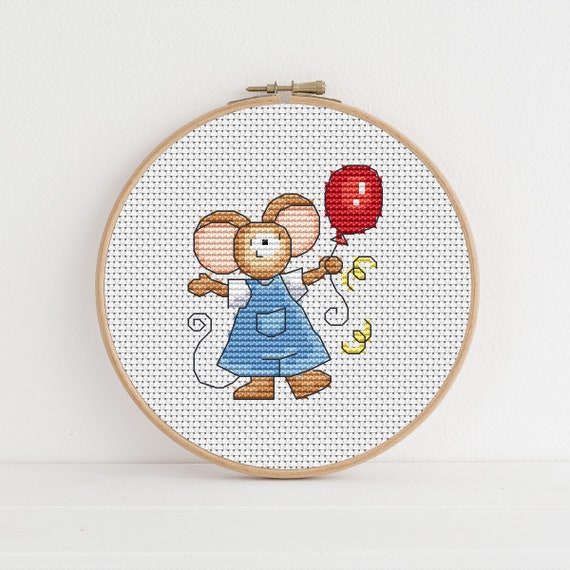 Furry Tales -Celebration Mouse Cross Stitch Pattern by Lucie Heaton,  PDF Counted Cross Stitch Chart Download