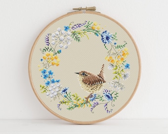Spring Wren Wreath Cross Stitch Pattern - Lucie Heaton - Digital PDF Counted Cross Stitch Chart Download