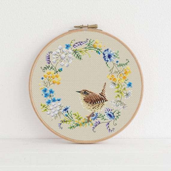 Spring Wren Wreath Cross Stitch Pattern - Lucie Heaton - Digital PDF Counted Cross Stitch Chart Download