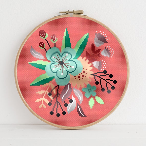 Happy Flowers Hoop Cross Stitch Pattern by Lucie Heaton, PDF Counted Cross Stitch Chart Download