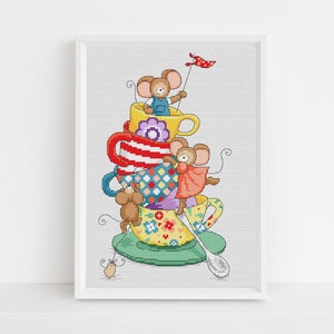 May include: A cross-stitch pattern featuring a stack of colorful teacups with mice sitting on top. The mice are wearing clothes and one is holding a red flag.