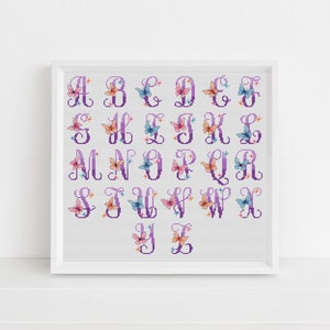 Modèle de point de croix alphabet et chiffres papillons par Lucie Heaton, grille PDF au point de croix à télécharger