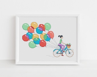 Balloon Bicycle Cross Stitch Pattern - Lucie Heaton - Digital PDF Counted Cross Stitch Chart Download