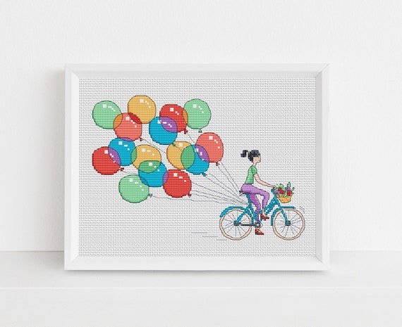 Balloon Bicycle Cross Stitch Pattern - Lucie Heaton - Digital PDF Counted Cross Stitch Chart Download