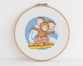 Furry Tales Surfer Mouse Cross Stitch Pattern - Lucie Heaton - Digital PDF Counted Cross Stitch Chart Download