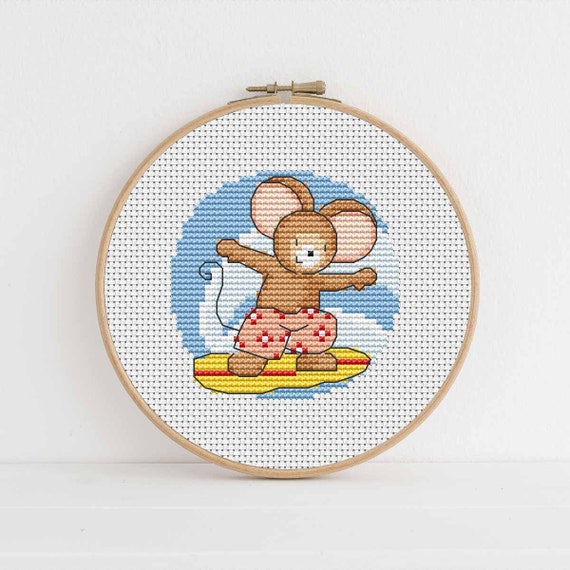 Furry Tales Surfer Mouse Cross Stitch Pattern - Lucie Heaton - Digital PDF Counted Cross Stitch Chart Download