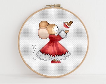 Furry Tales Christmas Robin Mouse - modèle de point de croix - Lucie Heaton - grille numérique PDF au point de croix à télécharger